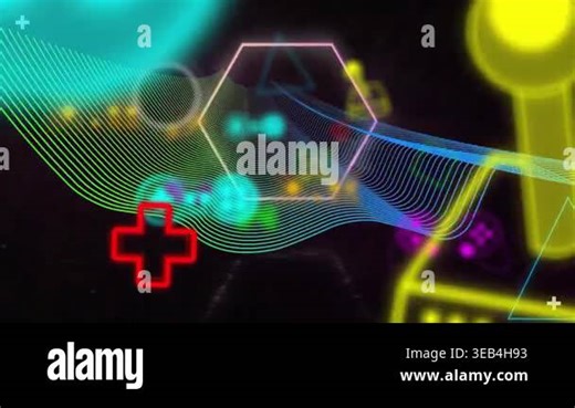 Animation of looping hexagons, icons and gaming console with spiral pattern against black background. Digitally generated, hologram, illustration, illuminated, arcade, video game and technology Stock Video Footage - Alamy