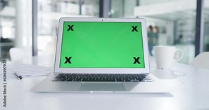 Laptop, mockup with green screen and advertising, ads for website with technology and information online. App development, UI and tracking marker, cyber tech with social media marketing and UX Stock Video
