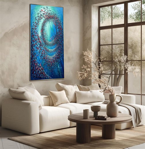 Vertical Fish Swarm Painting Large: Underwater Vortex Textured Canvas Sea Art - Etsy