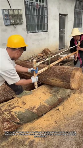 Traditional Hand Sawing: Two Men Cut Logs with a Frame Saw