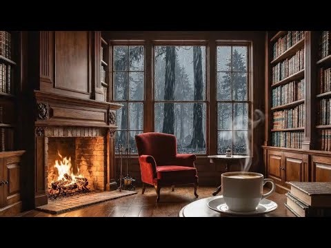 Gentle Rain & Crackling Fireplace in a Cozy Library Relaxing Sounds for Sleep, Study & Focus 3 Hour