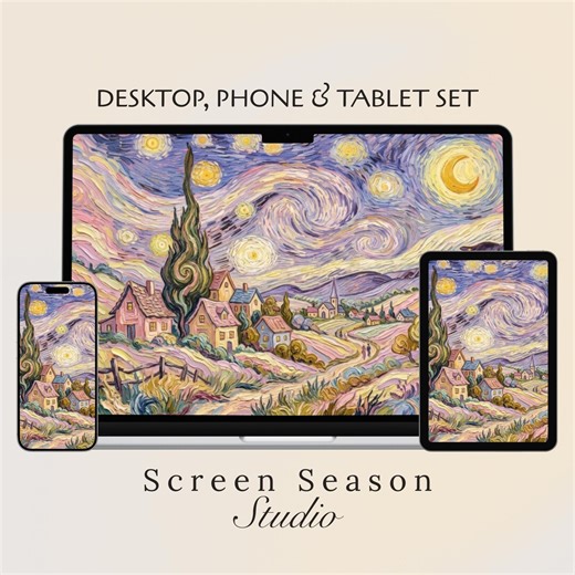 Pink Starry Night Digital Wallpaper | Pastel Van Gogh Desktop Background | Dreamy Impressionist Phone & iPad Screen - Etsy