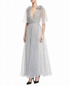 V Neck Bow Shoulder Pleated Dot Tulle Gown Lhuillier