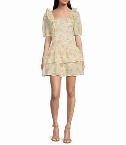 Adelyn Floral Print Square Neck Short Puffed Sleeve Tiered Eyelet