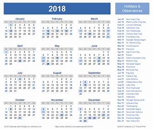 2018 Holiday Calendar Printable Federal National Usa Calendar
