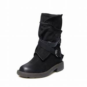 Plus Size Adjustable Buckle Mid Calf Women Motorcycle Boots Leather