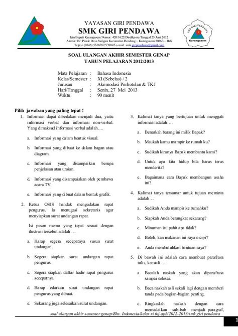 Soal Bahasa Indonesia Kelas 11 Semester 2