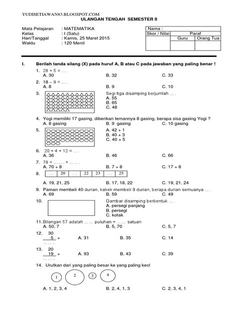 soal matematika sd kelas 1 semester 2 geometri