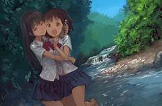 jpeg uniform school hair eyes konachan hug artifacts 2girls barefoot bow skirt purple shirt short tree brown water long original