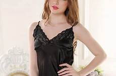 sexy night dress hot women satin babydoll sleepwear silk lace spaghetti strap girl ruffles neck mouse zoom over