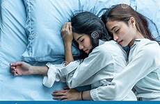 lesbian sleeping women bed asian two together top lo girl dreamstime