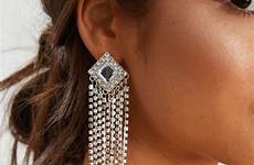 earrings silver long diamante tassel