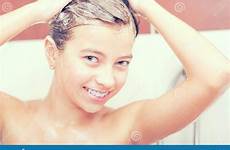 bathroom girl showering teenage morning evening hygiene caucasian head