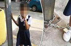 girl school punishment daughter cruel chained mother ties chain pole skipping punished express her malaysia horrified mum lampost post