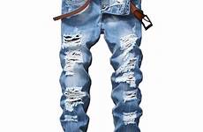 jeans men ripped blue light denim fit slim pants designer distressed joggers male destroyed brand mens trousers fly button logo