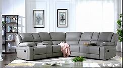 Classic and Traditional PU Leather Manual Reclining Corner Sectional Sofa w/Cup Holder Living Room, Grey