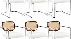 DUOMAY Mid-Century Modern Dining Chairs Set of 6, Sherpa Upholstered Side Chairs with Rattan Back, Barrel Kitchen Arm Chairs with Chrome Finish for Kitchen Dining Room Living Room, White