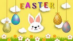 Easter greetings on cloud, flowers and animated bunny face. concept for Easter celebration.
