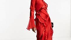 ASOS DESIGN long sleeve ruffle maxi dress in satin and chiffon mix in red | ASOS