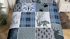 Rustic Farmhouse Comforter Cover Twin, Retro Cabin Lodge Duvet Cover Country Bear Deer Bedding Set For Kids Teens Adult Men, Hunting Wild Animal Plaid Checkered Quilt Cover With 1 Pillow Case,Blue