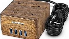 USB Power Strip Surge Protector - SUPERDANNY Desktop Extension Cord with 4 Widely Spaced Outlets & 4 Smart USB Ports, Portable Charging Station for Home, Office, Hotel, Dorm, RV, Faux Walnut Grain