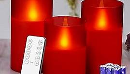 LIVILLA Flikering Flameless Candles with 10-Keys Remote & Timer, Moving Flame Led Candles, Battery Operated Flameless Pillar Candles in Glass Holder, Set of 3(D3” x H4”5”6”) Red