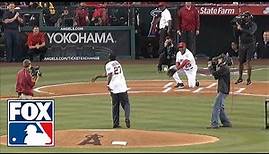 Don Baylor injures himself catching ceremonial first pitch