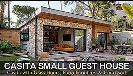 Small Guest House Casita with Sliding Glass Doors, Outdoor Patio Furniture, and Courtyard Garden