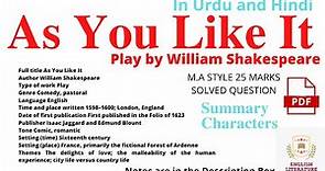 As You Like It by William Shakespeare Story, As You Like It by William Shakespeare Characters, PDF.