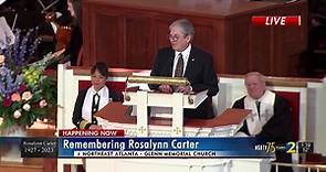 James Earl Carter III speaks at his mother, Rosalynn Carter's, tribute service