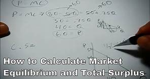 Calculating equilibrium and surplus given an inverse demand and marginal cost function