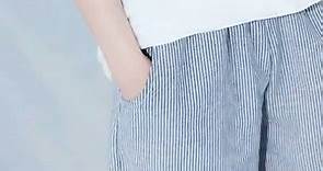 韓國藍色細條五分寬口麻褲