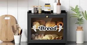 Goozii Black Bread Box for Kitchen Countertop, Large Bread Storage Container for Homemade Bread, Wood Farmhouse Breadbox Organizer for Kitchen Counter Corner, Cabinet, Pantry, Cupboard (Black)