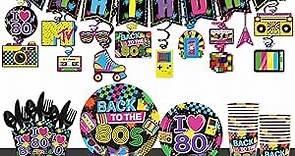 80s Theme Birthday Party Supplies, 80s Party Tableware Set with 80s Party Decorations , Include Tablecloth, Plates, Napkins, Cups, Cutlery, Banner and Hanging Swirls, for 20 guests