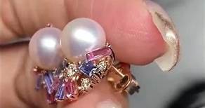 【台北周先生】天然彩色藍寶石 彩色剛玉配鑽石珍珠 乾淨透美 火光爆閃 18K玫瑰金 氣質設計感耳環