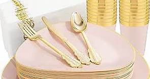 LIYH 210pcs Pink and Gold Plastic Plates, Pink Plastic Dinnerware Set, Disposable Gold Silverware Include Dinner Plates, Dessert Plates, Gold Cups, Guest Towels for Birthday Party 30 Guests