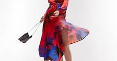 Topshop - Robe portefeuille mi-longue habillée à fleurs avec ourlet en cascade - Rouge | ASOS