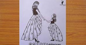 How to draw Mother and daughter - step by step | Mother's Day drawing for beginners | lakshiartscape
