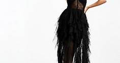 Miss Selfridge bandeau lace detail frill maxi dress with detachable straps in black | ASOS