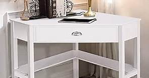 Corner Desk, Triangle Desk with Drawers and Shelves, Wood Corner Console Table, Vanity Table with Storage, Corner Writing Desk, Small Corner Desks for Small Spaces (White)