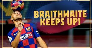 Martin Braithwaite touches the ball for the first time as a Barça player