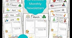 12 Editable Monthly Newsletters Preschool/Child Care
