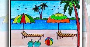 How to draw beach for beginners | Sea beach drawing easy