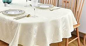 Wolkemer Large Oval Jacquard Tablecloth Ivory Floral Countryside Leaves Damask Patterns Table Cloth Shiny Glossy Fabric Table Cover for Dinner Kitchen 60 x 120 Inch