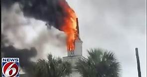 Video shows Florida church steeple on fire after lightning strike