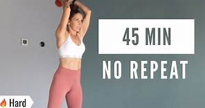 45 MIN HIIT WORKOUT WITH WEIGHTS/ FUN! No Repeat Workout / Fat Burning Cardio and Strength -