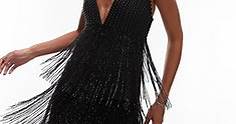 Topshop premium strappy embellished fringe and beaded mix midi dress in black | ASOS