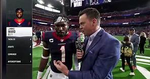 Jimmie Ward talks to Drew Dougherty after his late interception to seal the Texans win over Denver
