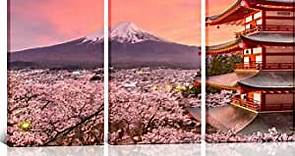3 Panels Landscape Wall Decor Japan Chureito Pagoda And Mt. Fuji In The Spring With Cherry Blossoms Scenery Painting Framed Wall Art For Living Room Ready To Hang 16"X32"X3