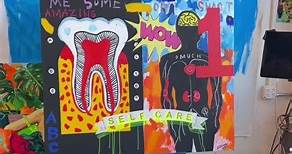 Self Care Large acrylic painting featuring vintage dental imagery with a pop art feel. By kiwi artist Claire Price